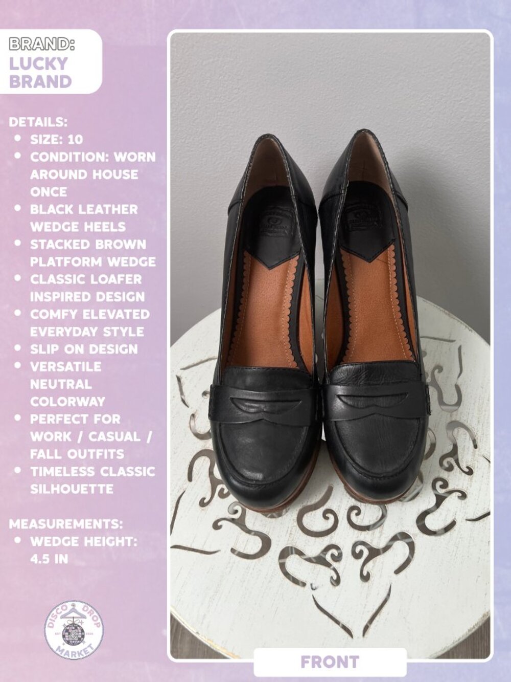 Lucky Brand June Black Leather Wedge Heels Size 10 Brown Platform Loafers